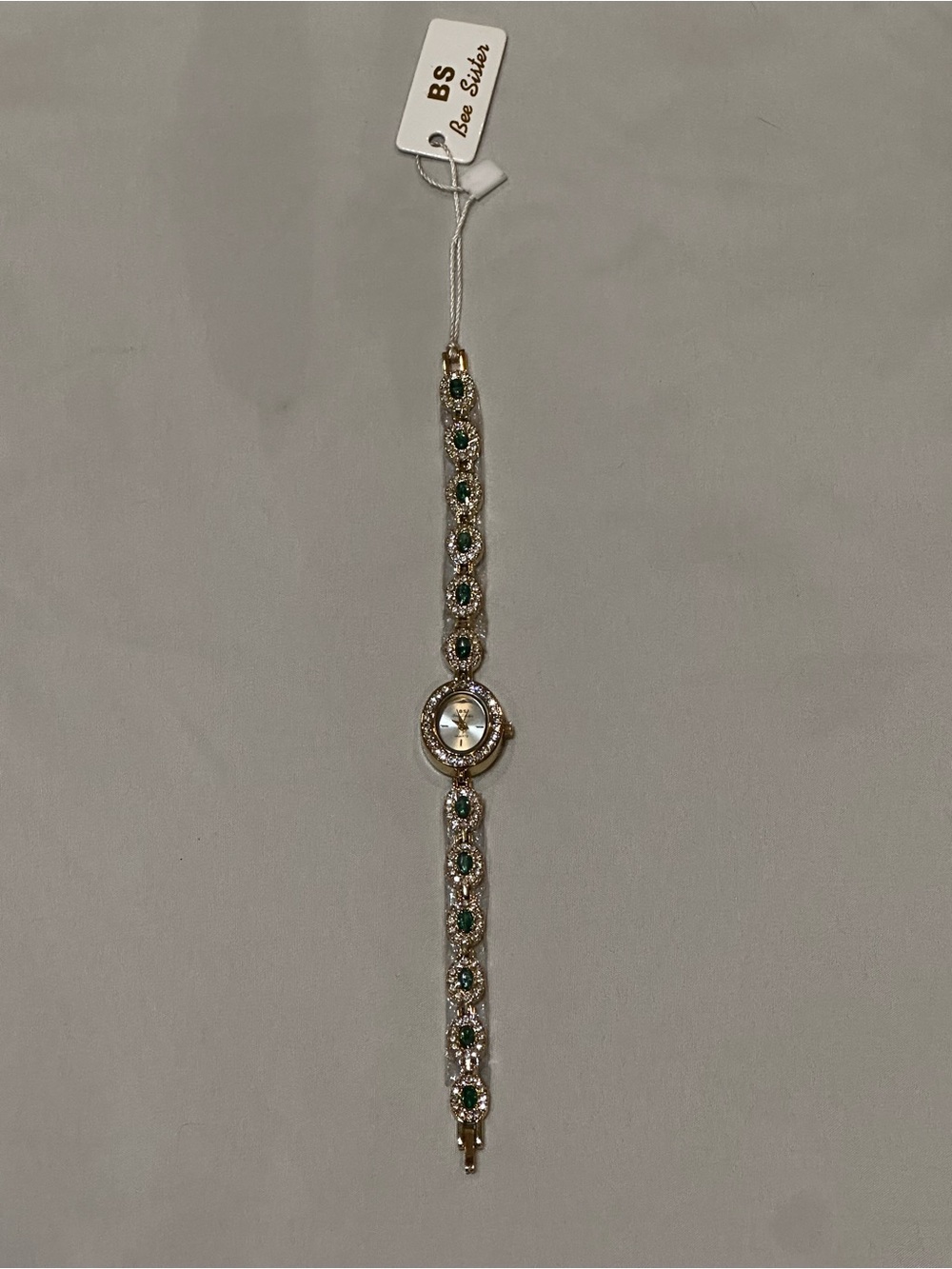 Vintage Inspired Dainty Gold-Tone Ladies Bracelet Watch with Green Stone Accents - Picture 2 of 14